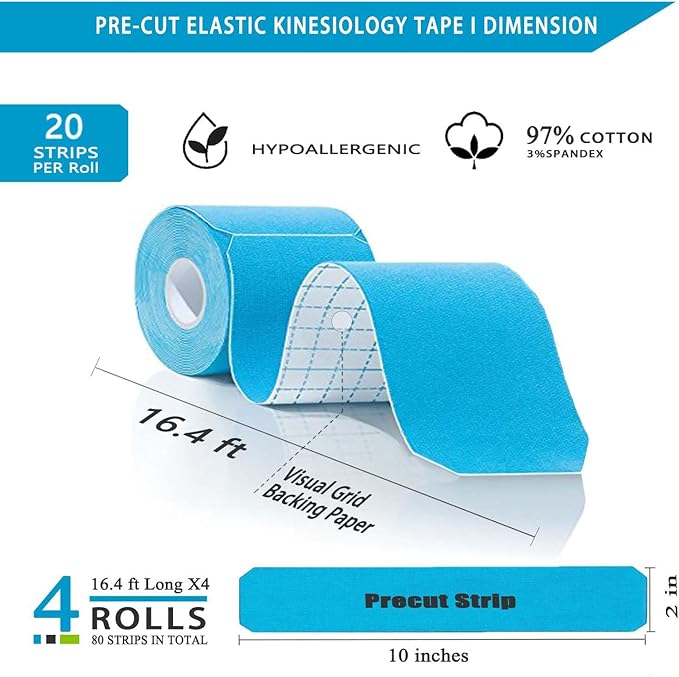 Kinesiology Tape Pro Precut - 4Rolls,80 Strips | Original Cotton Athletic Muscle Tape 66 ft, Breathable Elastic Latex Free Sport Tape for Knee Elbow Muscle Joint & Pain Relief (Black)
