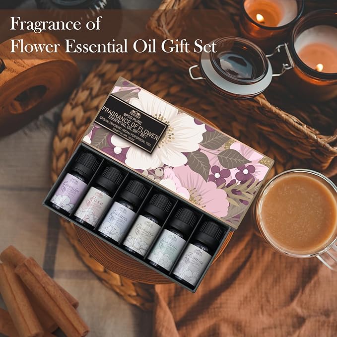 Floral Essential Oils Set Diffuser for Home, Hotel and Car Care, 6 Flavors Lavender, Jasmine, Rose, Chamomile, Sakura, Gardenia, Flower Fragrance Diffuser Essential Oil Gifts for Candle Making 10ML