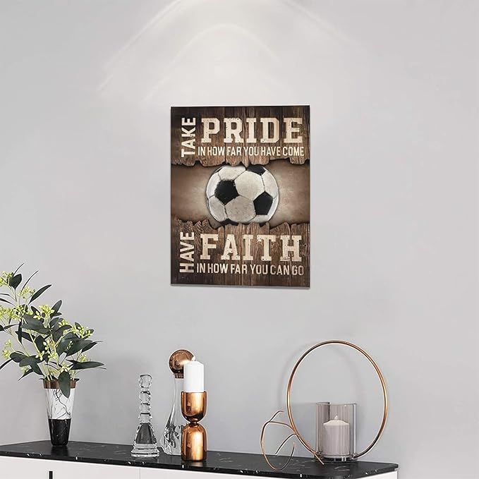 Fleruku Rustic Soccer Wall Art Sports Wall Decor Inspirational Quotes Brown Pictures Soccer Sign Canvas Painting Artwork Home Decorations for Boy Man Teenager Fans Bedroom Living Room 12"x16"