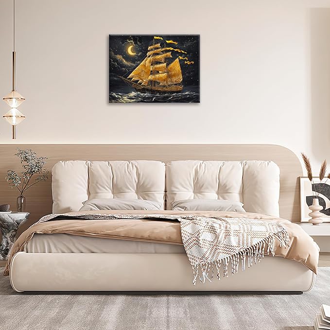 Olivine Sailboat Wall Art, Nautical Pictures Wall Decor, Ocean Seascape Painting, Coastal Night Canvas Prints, Framed Artwork for Bathroom Bedroom Living Room Office Home Decoration 20"x16"