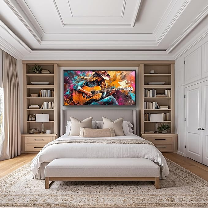 SweetFox Extra Large Cowgirl and Guitar Framed Wall Art for Living Room, Western Girl Music Pictures Oversized Wall Decor Abstract Big Canvas Painting Print Artworks for Bathroom Bedroom 60L X 30W