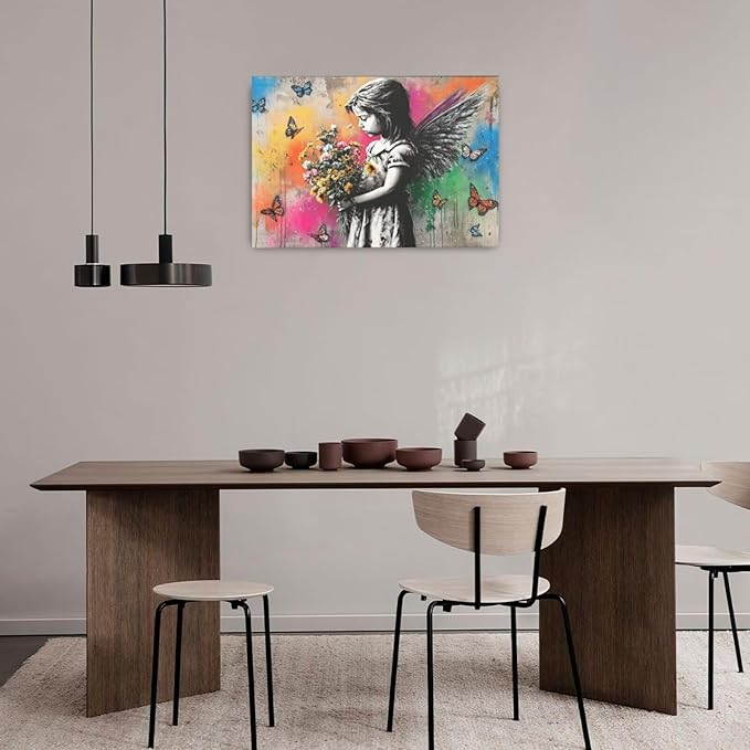 Banksy Wall Art Butterfly Girl Pictures Street Pop Art Graffiti Canvas Wall Decor Vintage Kids Aesthetic Painting Artwork Decorations Framed for Living Room Bedroom Bathroom Kid Room Office 16"x24"