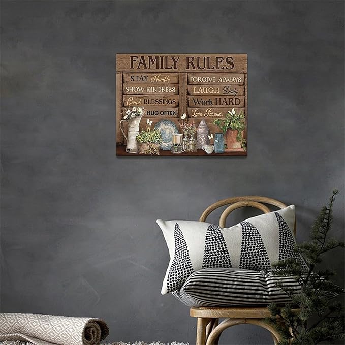 Country Family Rules Wall Art Farmhouse Inspiration Wall Decor Rustic Flower Home Sign Pictures Canvas Painting Artwork Home Decorations For Living Room Bedroom Bathroom Office 16"x12"