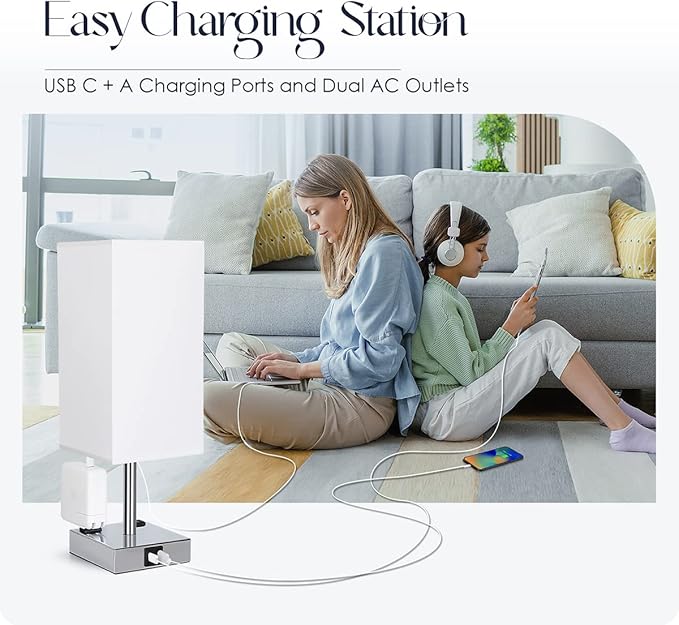 Bedside Lamp with USB Ports - Touch Control Table Lamp for Bedroom with USB C+A Charging Ports & AC Outlets, 3 Way Dimmable Nightstand Light for Living Room (LED Bulb Included, Chrome - White)