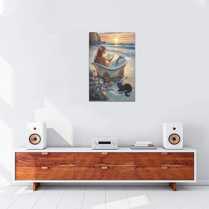 Mermaid Wall Art Beach Coastal Nautical Wall Decor Sunset Cat Pictures Canvas Painting Framed Artwork Home Decorations for Bathroom Living Room Bedroom Office 16"x24"