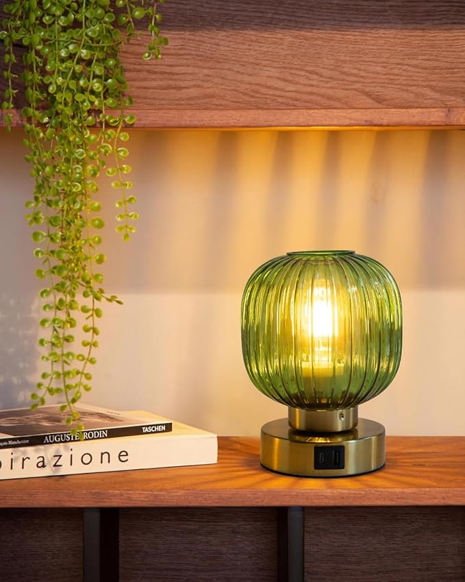 Touch Small Table Lamp,Elegant Green Glass Bedside Lamp 3 Way Dimmable with USB C+A Charging Ports - Bedroom Nightstand & Living Room Essential, 4W Bulb Included (Green)