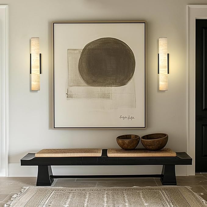 Alabaster Wall Sconces, Spanish Natural Marble Wall Sconce, 20" Bronze Wall Sconce for Bathroom, Modern Alabaster Sconces Wall Lighting Dimmable, Marble Wall Lamp for Living Room, Bedroom, Hallway