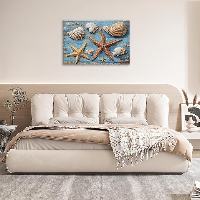 Olivine Seashell Wall Art, Coastal Starfish Pictures Wall Decor, Beach Theme Painting, Blue Seashell Canvas Prints, Framed Artwork for Bathroom Bedroom Living Room Office Home Decoration 24''x16''