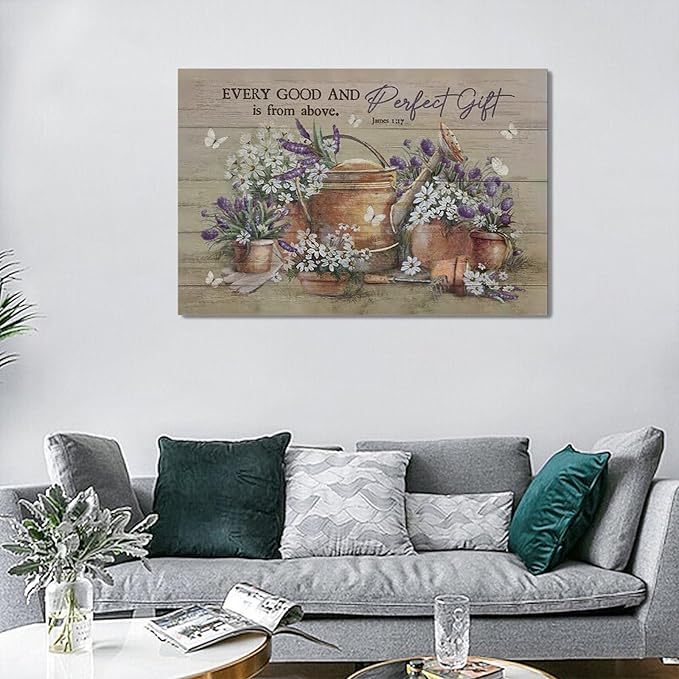Country Bathroom Flower Wall Art Farmhouse Lavender Wall Decor Rustic Scripture Sign Canvas Painting Artwork Home Decorations for Man Teenager Office Bedroom Living Room Bathroom 24"x16"