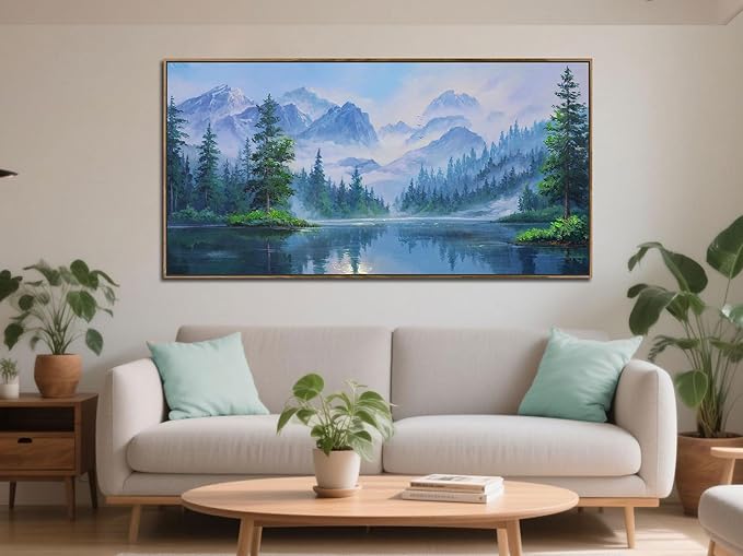 Ardemy Landscape Wall Art Canvas for Living Room Mountain Lake Nature Bedroom Painting Textured Misty Forest Scenery Picture Green Blue Artwork Home Office Decor, Wood Framed Large 48"x24"