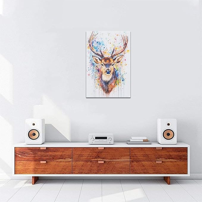 Fleruku Watercolor Deer Wall Art Colorful Elk Wall Decor Antlers Pictures Animal Canvas Painting Artwork Home Decorations for Living Room Bedroom Bathroom Office Nursery Classroom 16"x24"
