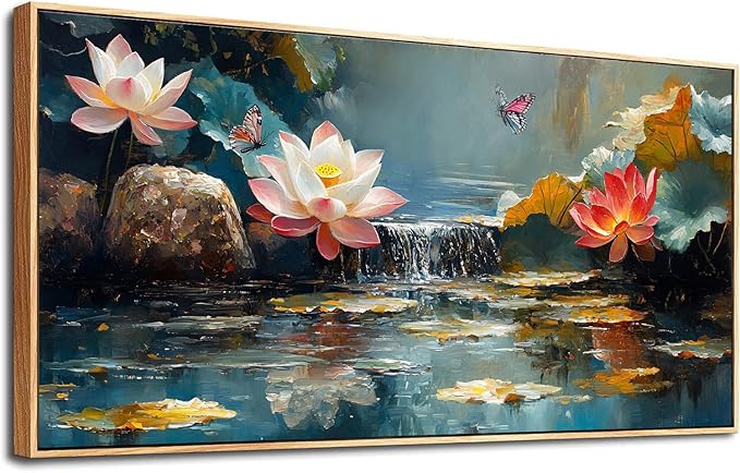 Anolyfi Canvas Wall Art Zen Decor Pink Lotus Picture Nature Flower Butterfly Landscape Painting Textured Artwork, Large Framed for Spa Living Room Bedroom Bathroom Yoga Room Office Home Decor 40"x20"