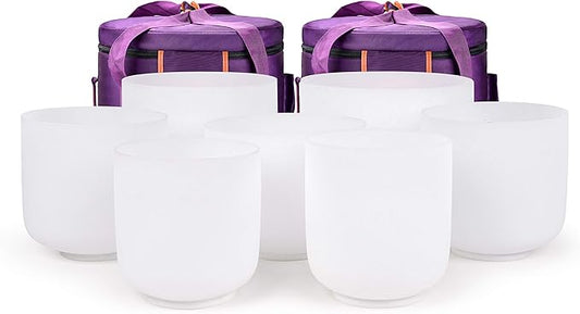 TOPFUND 6-10" 432Hz Chakra Set of 7 Crystal Singing Bowls with Heavy Duty Carrying Cases and Mallets