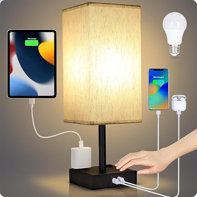 Bedside Table Lamp for Bedroom - Touch Small Lamp with USB C+A Charging Ports & AC Outlets, 3 Way Dimmable Nightstand Light for Living Room (LED Bulb Included, Flaxen)