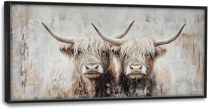 SweetFox Extra Large Highland Cow Framed Wall Art for Living Room, Farmhouse Highland Cattle Pictures Oversized Wall Decor Abstract Canvas Painting Print Artworks for Bathroom Bedroom 60L X 30W