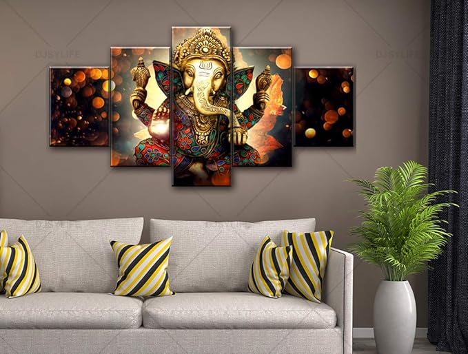 Large 5 Pieces Lord Ganesha Indian Wall Decor - Elephant Photo Picture Canvas Print Paintings for Living Room House Framed Decorations (60" W x 32" H)