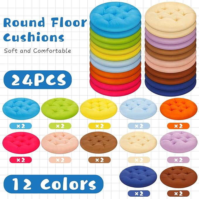 24 Pcs Round Floor Cushions Floor Pillows Meditation Seat Pillows Flexible Seating for Adults Kids, Chair Cushions for Classroom, Nursery, Living Room, Yoga (Small 11.8 Inch,Colorful)
