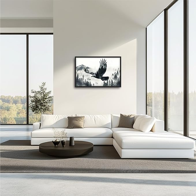 Framed Large Wall Art for Living Room, Flying Bald Eagle Canvas Wall Decor, Large Mountain Forest Pictures Framed Painting, Natural Landscape Artwork for Bedroom Office Home Decor 36L'' × 24W''