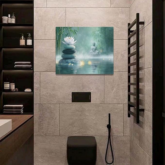 Olivine Zen Decor Wall Art, Lotus Pictures Wall Decor, Stones Flower Bloom Canvas Prints Painting, Framed Artwork for Meditation Bathroom Bedroom Living Room Office Home Decoration 20"x16"