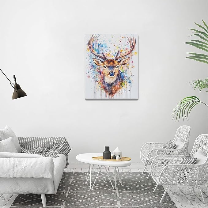 Fleruku Watercolor Deer Wall Art Colorful Elk Wall Decor Antlers Pictures Animal Canvas Painting Artwork Home Decorations for Living Room Bedroom Bathroom Office Nursery Classroom 16"x20"