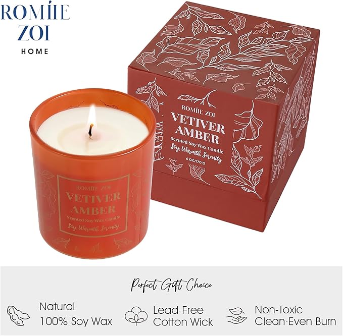 Aromatherapy Jar Candle - 6oz Soy Wax Candle - Infused with Vetiver Amber Aroma - with Beautiful Keepsake Box Special for Birthday/Holiday Gifts