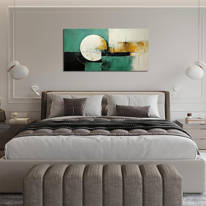 Abstract Wall Art Large Canvas Prints Abstract Moon Picture Wall Decor Black White Teal Graffiti Modern Framed Artwork Home Decorations for Living Room Dining Room Bedroom Office 60"x30"