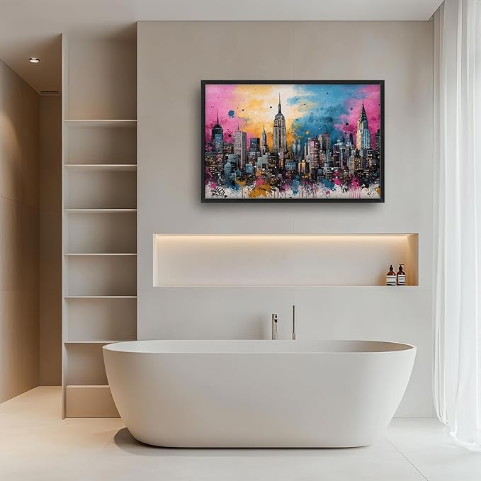 Glocmna Large Wall Art for Living Room Banksy Street Graffiti New York City Wall Decor Modern Skyline Cityscape Pictures Painting Big Canvas Print Framed Artwork Decorations Home Office Bedroom 24"x36"