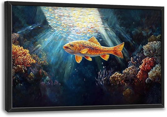 SweetFox Extra Large Ocean Fish Framed Wall Art for Living Room, Coastal Sea Fishing Pictures Oversized Wall Decor Abstract Big Canvas Painting Print Artworks for Bathroom Master Bedroom 36L X 24W