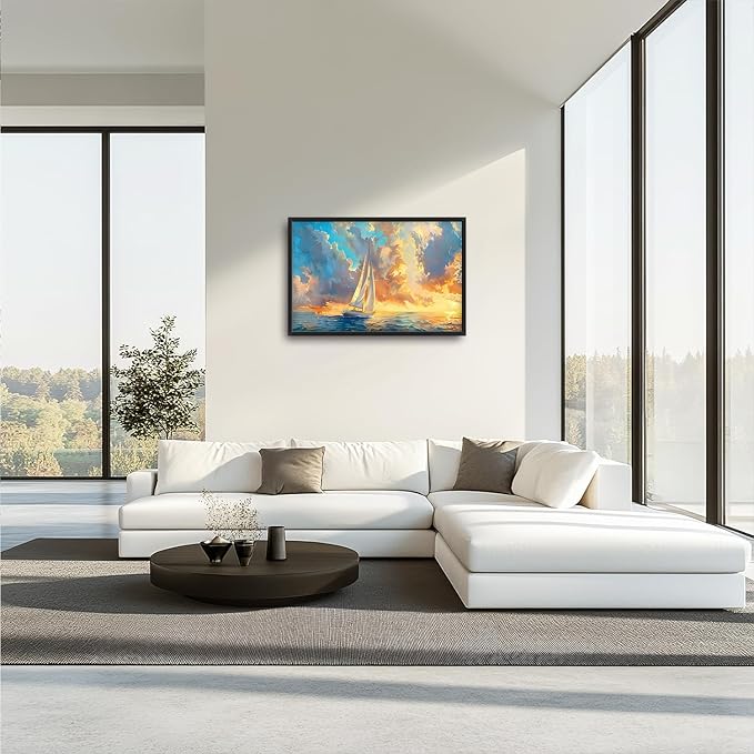 Large Ocean Sailboat Framed Wall Art for Living Room Blue Coastal Pictures Wall Decor Ocean Canvas Print Painting Artwork Modern Home Decorations for Living Room Bedroom Office 36x24 inch