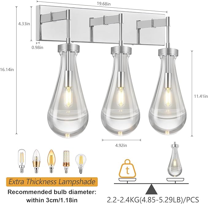 Raindrop Wall Sconces Chrome Crystal Sconces Wall Decor Modern Brass Lighting Glass Bathroom Sconces Indoor Vanity Light Wall Lamp for Bedroom Living Room Stair(3-Light)