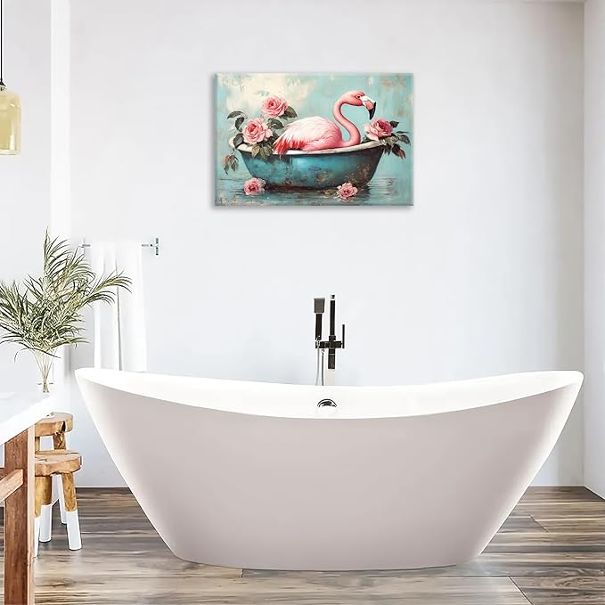 Olivine Flamingo Wall Art, Funny Animal Bathtub Pictures Wall Decor, Vintage Flamingo Bathroom Painting Tropical Animal Canvas Prints, Framed Artwork for Bedroom Living Room Office Home 24"x16"