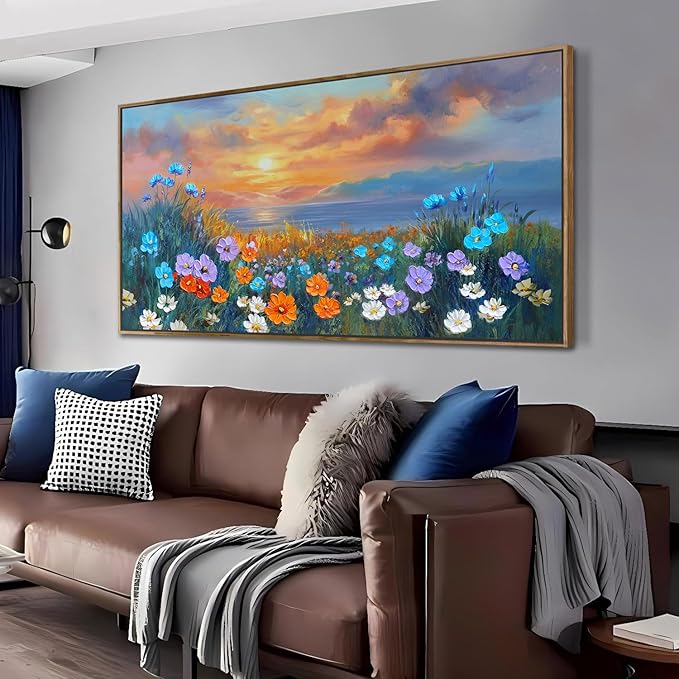 Ardemy Landscape Wall Art for Living Room Coastal Sunset Flower Canvas Bedroom Textured Floral Wildflower Blue Ocean Painting Nature Artwork Home Office Wall Decor, Wood Framed Large 48"x24"