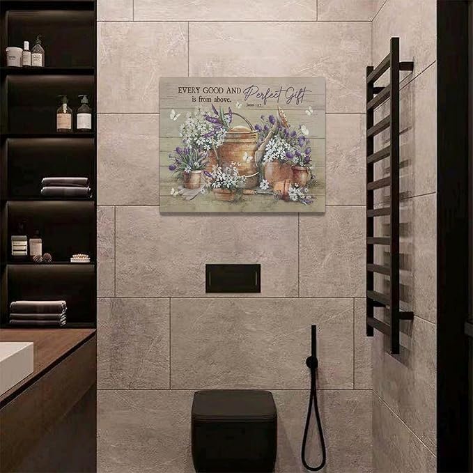 Country Bathroom Flower Wall Art Farmhouse Lavender Wall Decor Rustic Scripture Sign Canvas Painting Artwork Home Decorations for Man Teenager Office Bedroom Living Room Bathroom 20"x16"