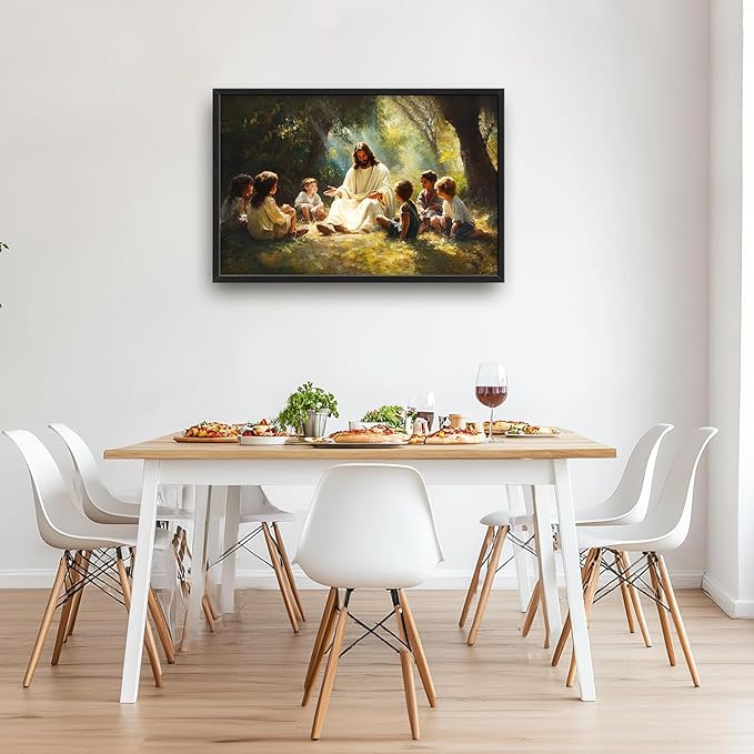 SweetFox Large Christian Jesus Framed Wall Art for Living Room, Jesus with Children Religious Pictures Oversized Wall Decor Abstract Canvas Painting Print Artworks for Bathroom Bedroom 36L X 24W