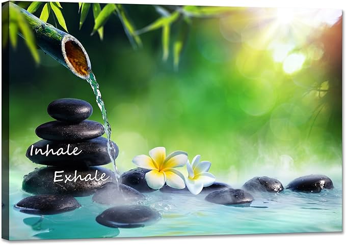 YIOZHAOFH Spa Canvas Print Art Nature Zen Painting Relaxing Bathroom Wall Art Decor White Lotus Pictures Framed Artwork Inhale Exhale Poster Office Decor for Spa Room Bedroom (20L x 30W)