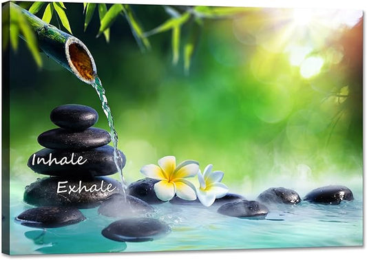 YIOZHAOFH Spa Canvas Print Art Nature Zen Painting Relaxing Bathroom Wall Art Decor White Lotus Pictures Framed Artwork Inhale Exhale Poster Office Decor for Spa Room Bedroom (12L x 16W)