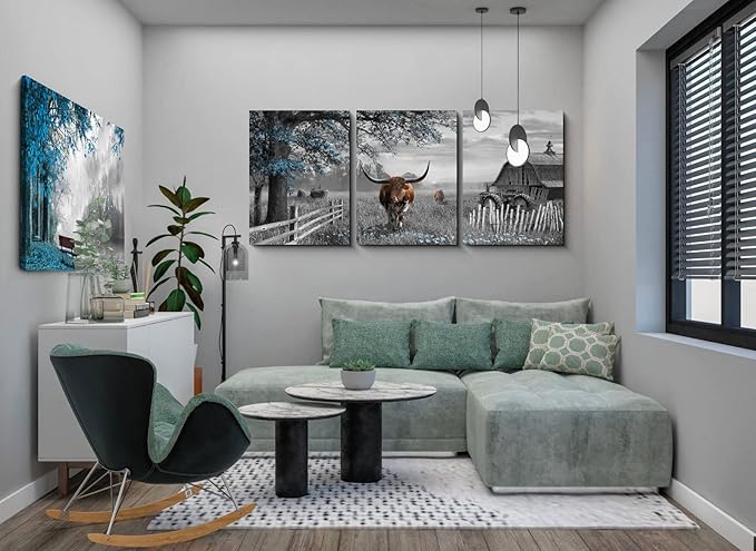 Yiijeah Large Brown Cow Wall Art - Blue Tree Pictures Farmhouse Wall Decor for Living Room & Master Bedroom - 16x24 Inches
