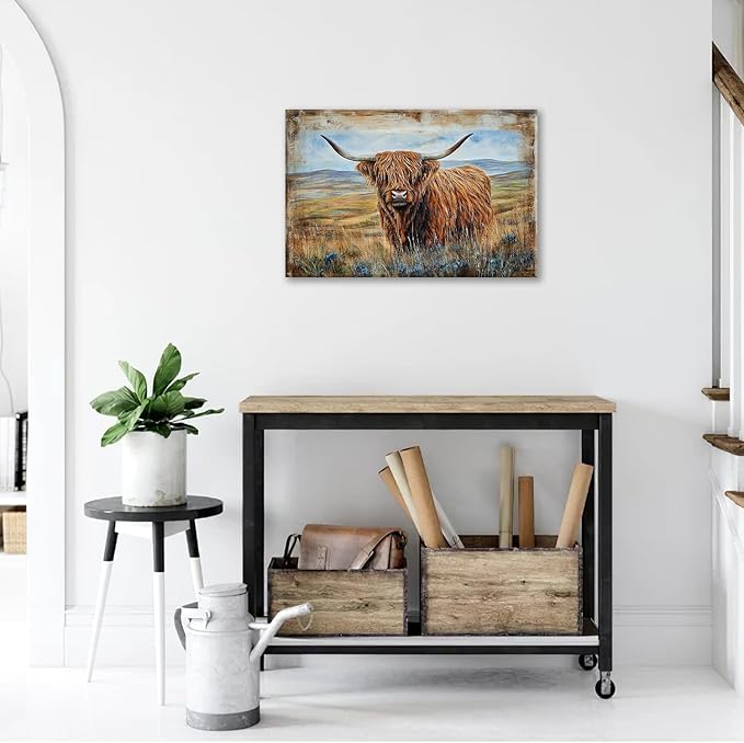 Olivine Highland Cow Wall Art, Rustic Farmhouse Cow Pictures Wall Decor, Country Painting Canvas Prints, Framed Artwork for Bathroom Bedroom Living Room Office Home Decoration 24"x16"