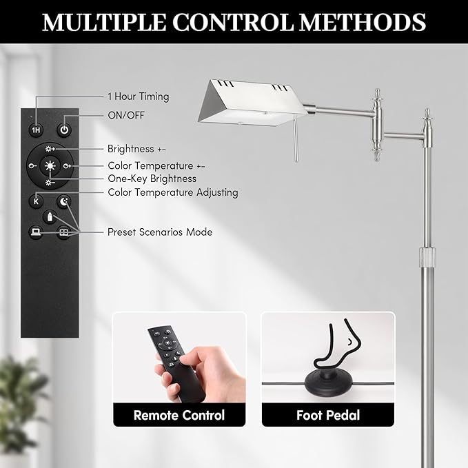 Dimmable Pharmacy Floor Lamp with Remote, 15W LED Reading Floor Lamp with 360°Swing Arm, 3 Color Temperature, Height Adjustable Silver Standing Task Lamp for Living Room, Bedroom, Brushed Nickel