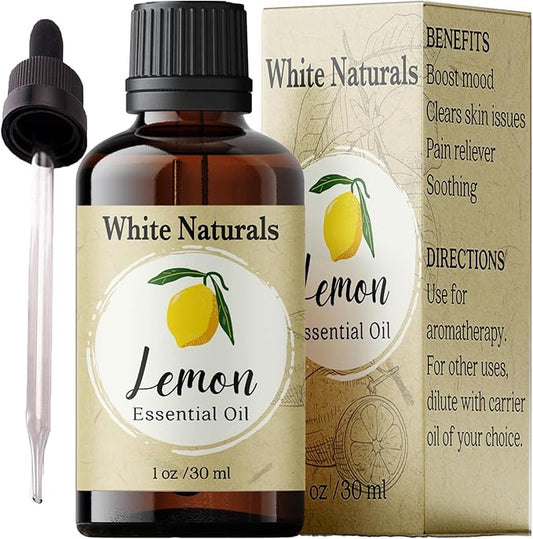Organic Lemon Essential Oil by White Naturals, 100% Natural and Pure, Therapeutic Grade for Aromatherapy, Massage, Household Cleaning, Hair Care, Skincare, DIY Soap Making & Diffuser, Vegan 1 Ounce