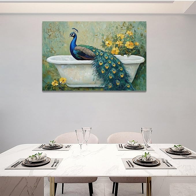 Fleruku Vintage Peacock Wall Art Elegance Bathroom Wall Decor Green Peacock Pictures Canvas Painting Artwork Home Decorations for Living Room Bedroom Office 24"x16"