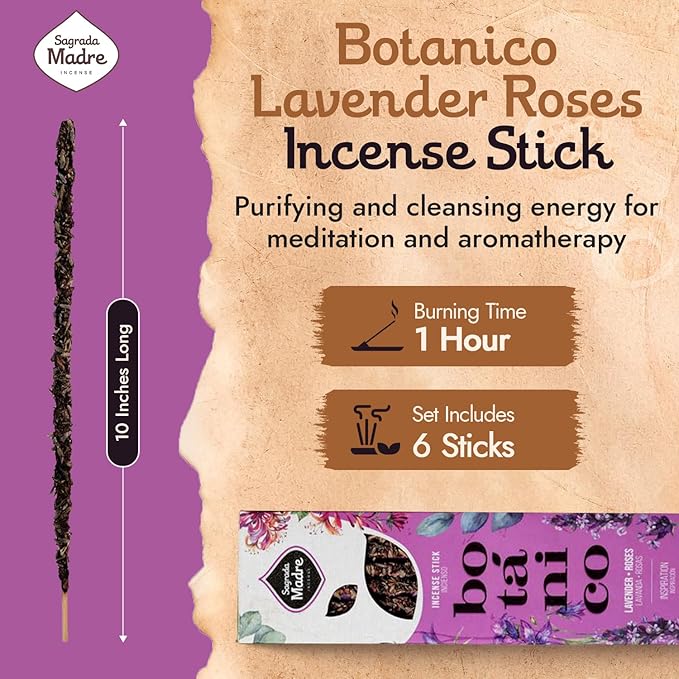 Roses Lavender Incense Sticks by Sagrada Madre - 6 Extra-Long Thick Rod with Lavender, Fruit Base & Natural Oil - Rose Incense Sticks for Relaxation, Good Fortune & Gratitude - 1 Hour Burn Time