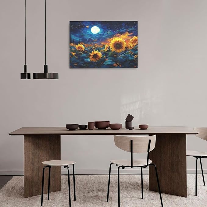 Sunflower Canvas Wall Art Starry Night Pictures Painting Yellow Floral Wall Decor Prints Framed Artwork Decoration for Living Room Bedroom Bathroom Dining Room Office 16"x24"