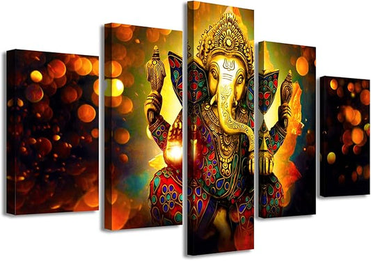 DJSYLIFE Extra Large Premium Quality Picture Canvas Wall Art - 5 Pieces Hindu God Ganesha Art Wall Home Decor HD Print Home Wall Hanging Art Prints Modular Pictures - Ready to Hang (60''W x 40''H)