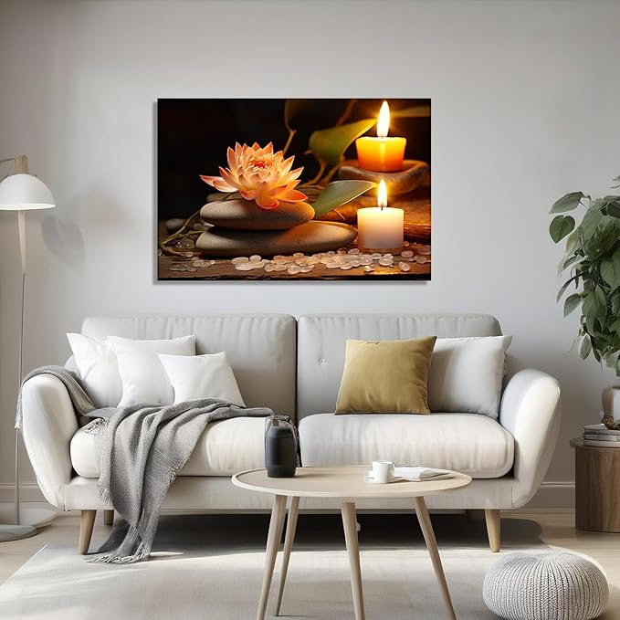KPLUNDO Zen Canvas Wall Art - Bathroom Wall Decor Lotus Candle with Black Stones Picture Meditation Relax Artwork for Spa Yoga Spiritual Room Decor Frame(16.00x24.00 inch)