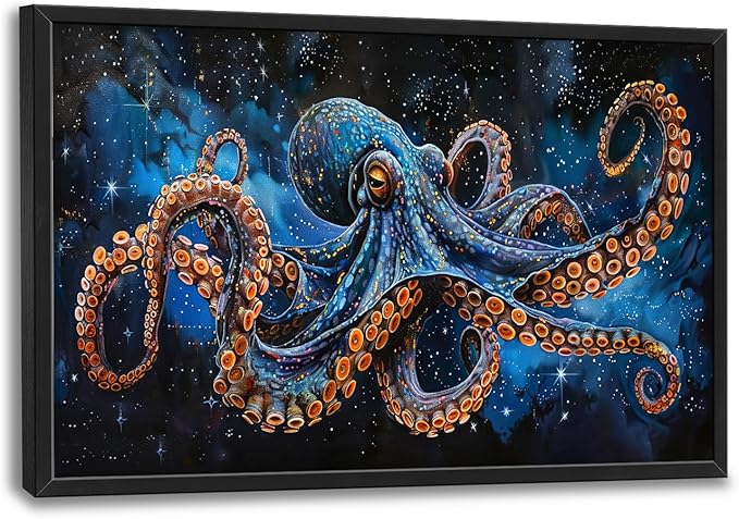 Octopus Wall Art Blue Space Octopus Pictures Wall Decor Galaxy Canvas Prints Framed Artwork Paintings Coastal Home Office Decorations for Living Room Bedroom Dinning Room 36"x24"