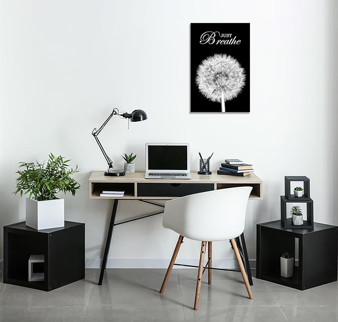 YIOZHAOFH Black Dandelion Picture Artwork Bedroom Decoration Just Breathe Canvas Painting Photo Relaxing Meditation Art Wall Decor Framed for Home Room Office Dorm (20L x 30W)
