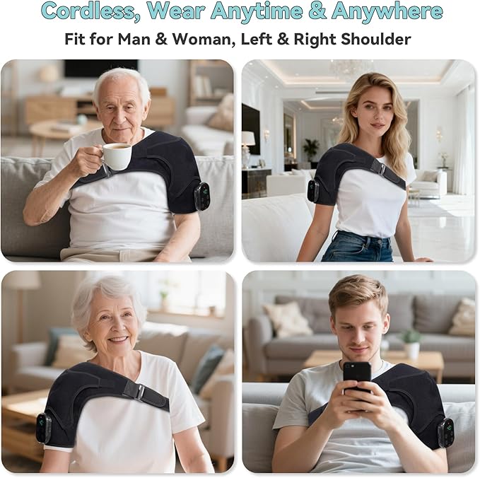 Cordless Shoulder Heating Pad with Massage, Red Light Shoulder Massager for Pain Relief, Electric Rotator Cuff Heated Shoulder Brace for Men & Women. (Black)