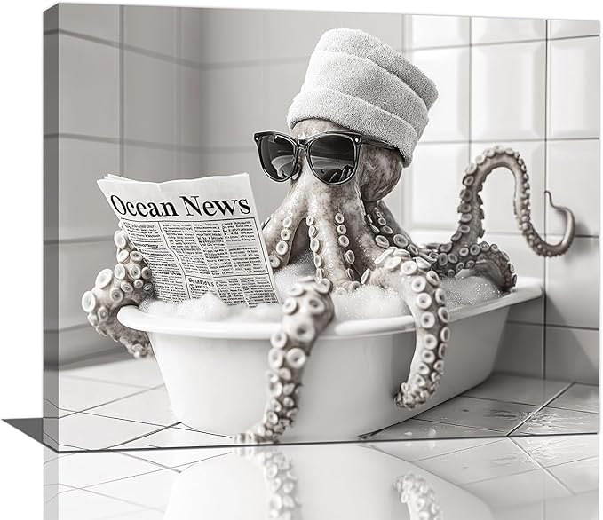 Olivine Octopus Wall Art, Funny Animal Pictures Wall Decor, Black And White Painting, Octopus Bathtub Canvas Prints, Framed Artwork for Bathroom Bedroom Living Room Office Home Decoration 20"x16"