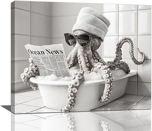 Olivine Octopus Wall Art, Funny Animal Pictures Wall Decor, Black And White Painting, Octopus Bathtub Canvas Prints, Framed Artwork for Bathroom Bedroom Living Room Office Home Decoration 20"x16"